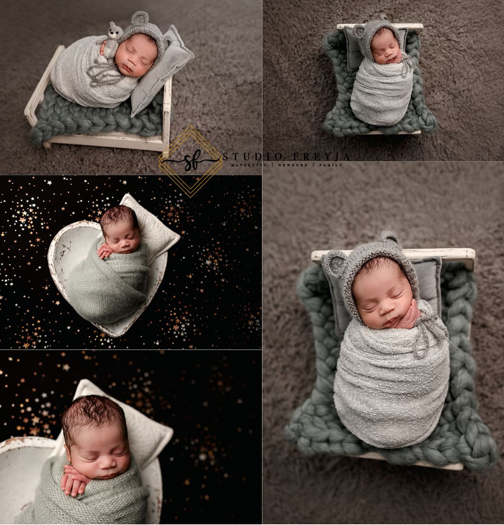 Newborn Pictures in Props during Wrapped Newborn Photos in San Diego Newborn Photography Studio