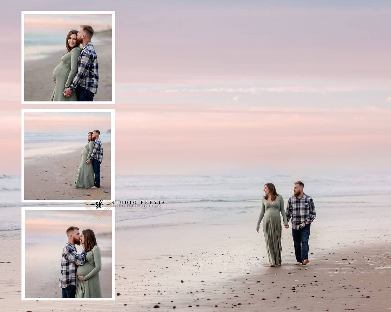 Cotton Candy Skies at Torrey Pines Maternity Pictures with couple walking on the beach.