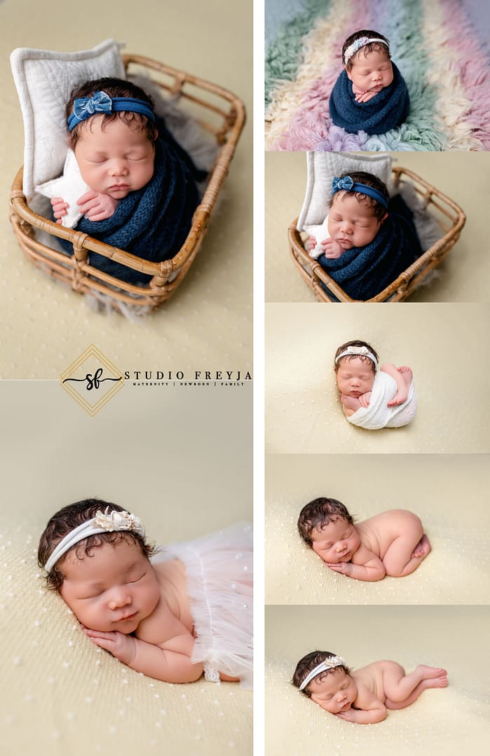 Beautiful baby girl on yellow picture collage of colorful studio newborn pictures in San Diego