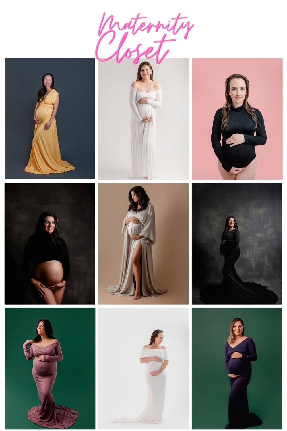 Collage image of different maternity outfits provided by San Diego Maternity Photographer Studio Freyja. 9 images in total.