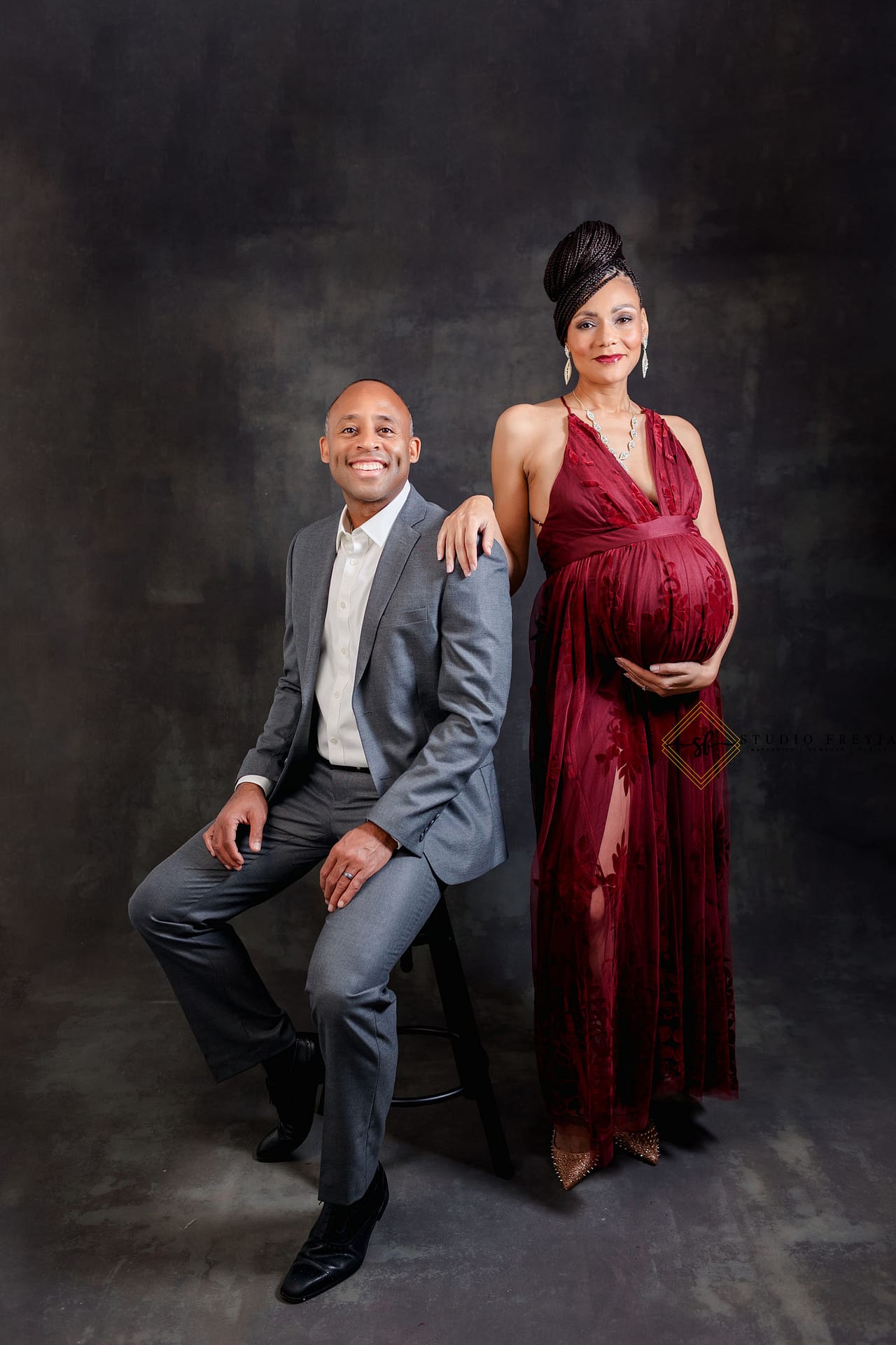 Maternity Portrait of mom-to-be and dad during a studio maternity session